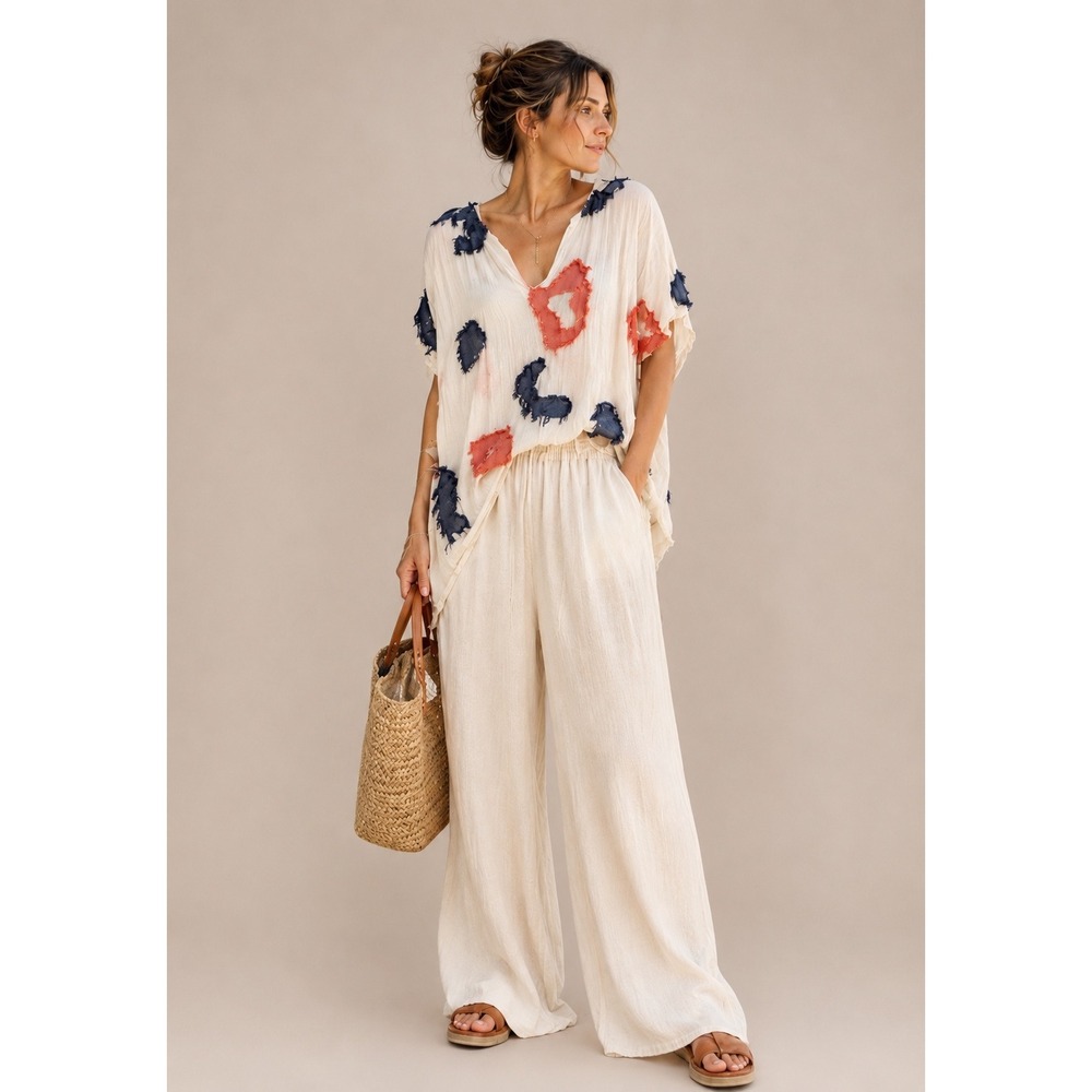 Lou & Grey Small Cotton Gauze Applique Tunic Top Cream Lagenlook Boho